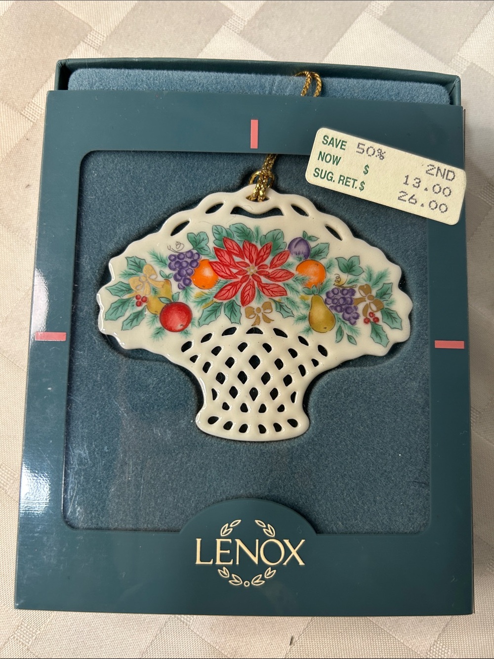 Lenox White Porcelain Basket Ornament with Red Poinsettia and Multi-Color Fruit